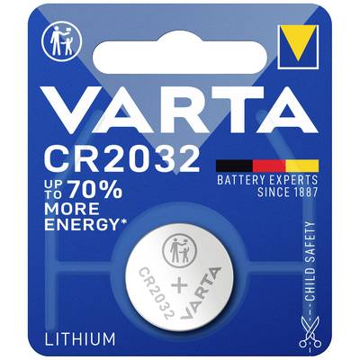 Fóliázott csomag egy Varta márkájú CR2032 típusú gombelem, amelyen a következő szövegek olvashatók: '70%-kal több energia', 'Gyermekbiztos'