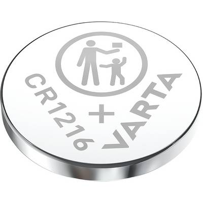Kerek gombelem "CR1216 + VARTA" felirattal, felnőtt szimbóluma, aki valamit átad egy gyereknek; biztonsági figyelmeztetés.