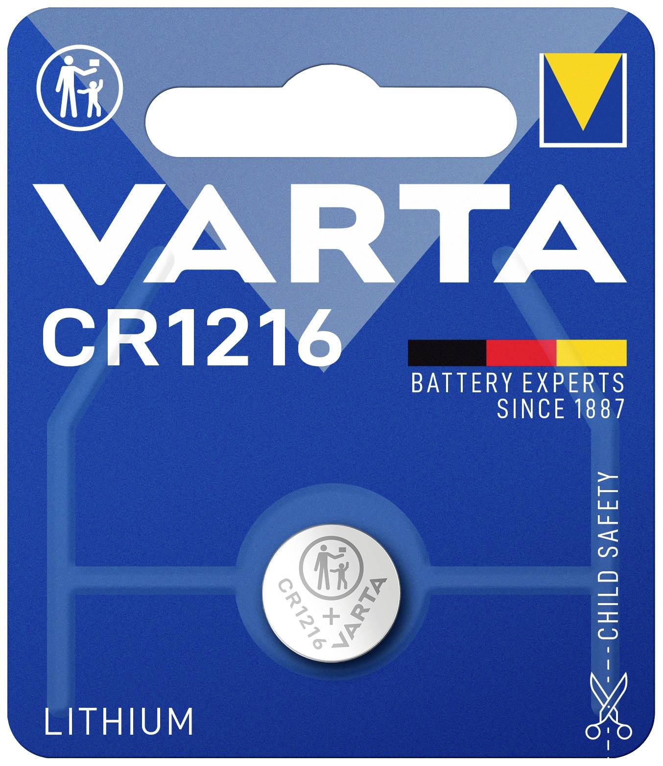 VARTA CR1216 Elemcsomag; Lítium gombelem. Gyermekbiztos. Márkalogó és a 'BATTERY EXPERTS SINCE 1887' kék háttérrel.