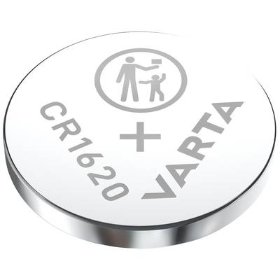 'CR1620' gombelem a VARTA-tól, ezüstös kerek kivitelben, gyermekek által történő lenyelés elleni figyelmeztető szimbólummal.
