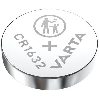 Kerek gombelem gravírozva 'CR1632' és 'VARTA' felirattal. Szimbólumok: Felnőtt elemet nyújt egy gyermeknek; óvatosságra int a kezelése során.
