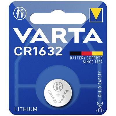VARTA CR1632 elemcsomag gyermekbiztonsági figyelmeztetéssel. Lítium gombelem, 1887 óta szakértelem. Kék csomagolás.