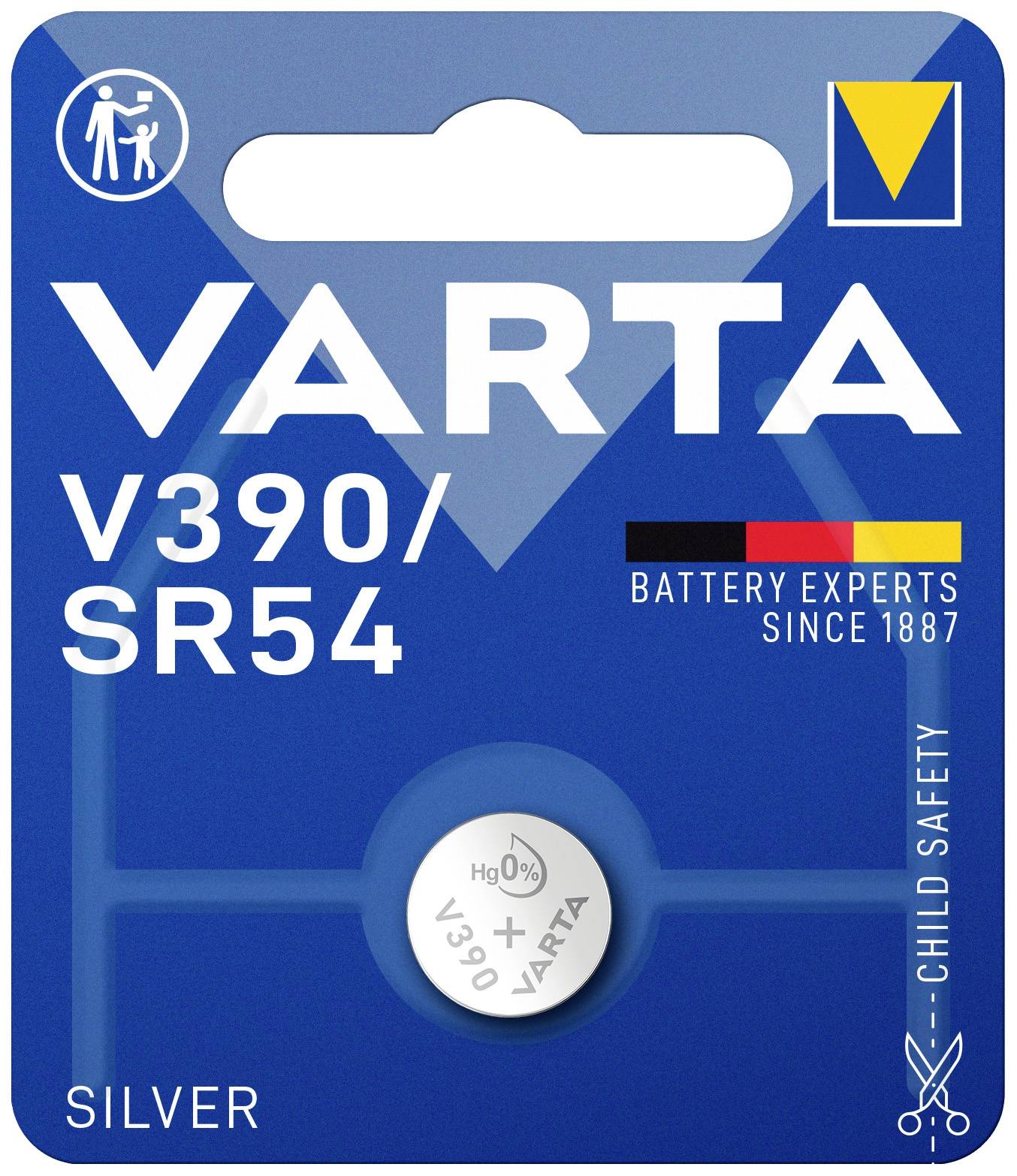 Varta márka elemcsomag, V390/SR54 típusú, ezüst gombelem. Gyermekbiztonsági figyelmeztetéssel és 1887 óta tartó szakértelemmel.
