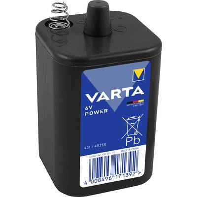 Varta márkájú, 4R25X típusú, fekete-szürke 6V-os akkumulátor. A nyomaton a külső felületen az ólom (Pb) szimbóluma és a 'Made in China' felirat látható.