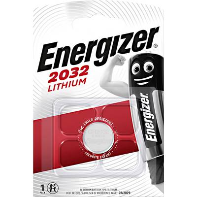 Energizer 2032 lítium elem csomag, ezüstszínű elem piros csomagolásban, rajta a 'Gyermekbiztos' felirat.