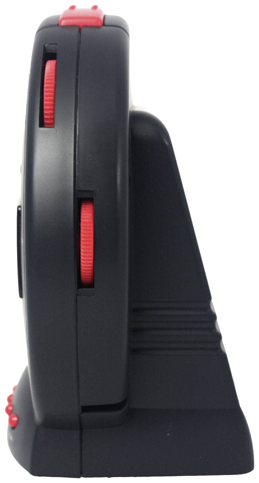 Egy fekete, oldalán álló elektronikus eszköz piros kezelőgombokkal. Kompakt, lekerekített dizájnnal rendelkezik.