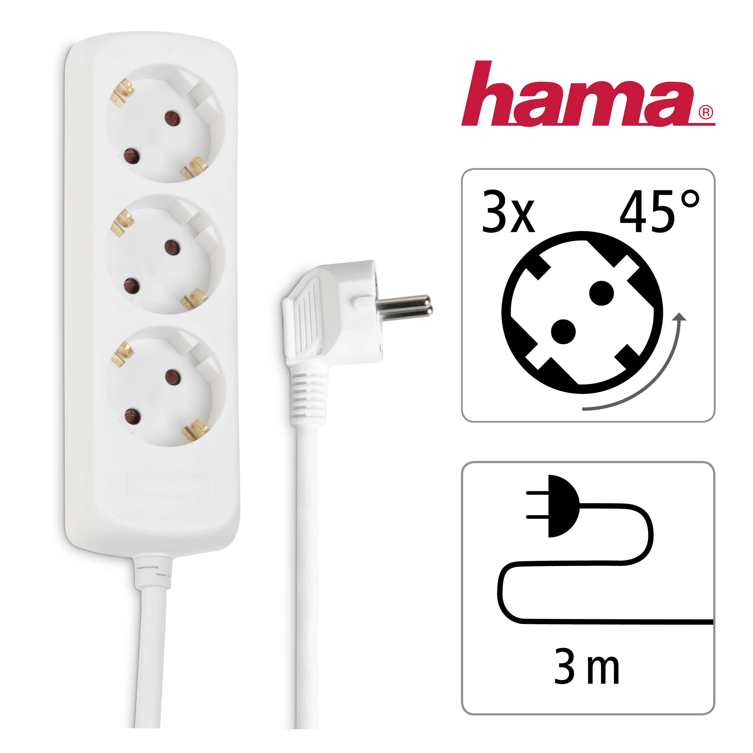 Fehér hármas elosztó, három csatlakozóaljzat 45 fokos elrendezésben, 3 méteres kábellel. Hama márka, beltéri használatra alkalmas.