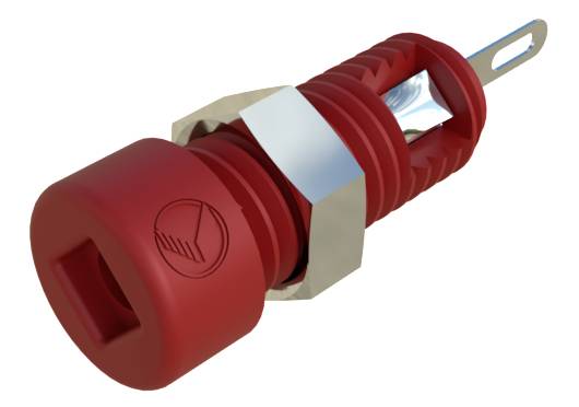 Piros szigetelt banándugó bordázott műanyag fogantyúval és fémvégzaklatással, elektromos csatlakozásokhoz alkalmas.