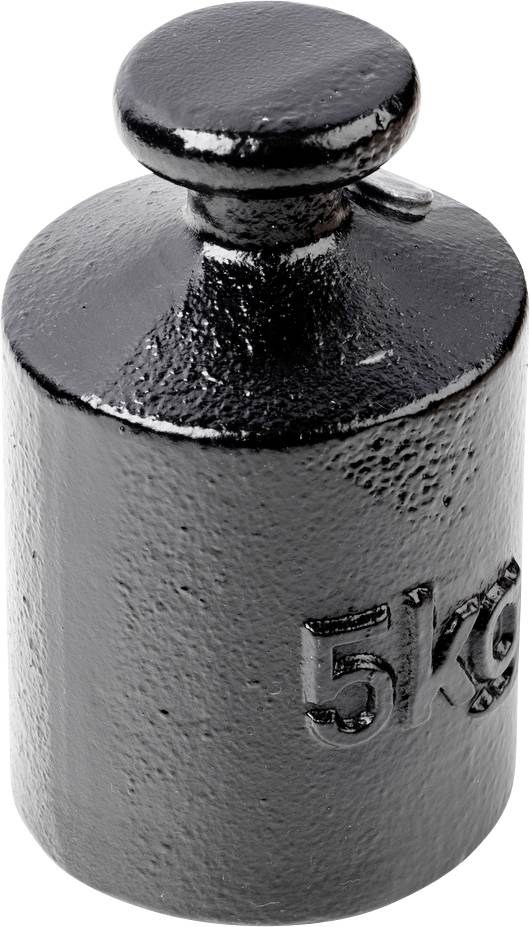 Egy fekete, fém súly, amelyre a '5 kg' gravírozva van. Hengeres alakú, kis fogantyúval a tetején.
