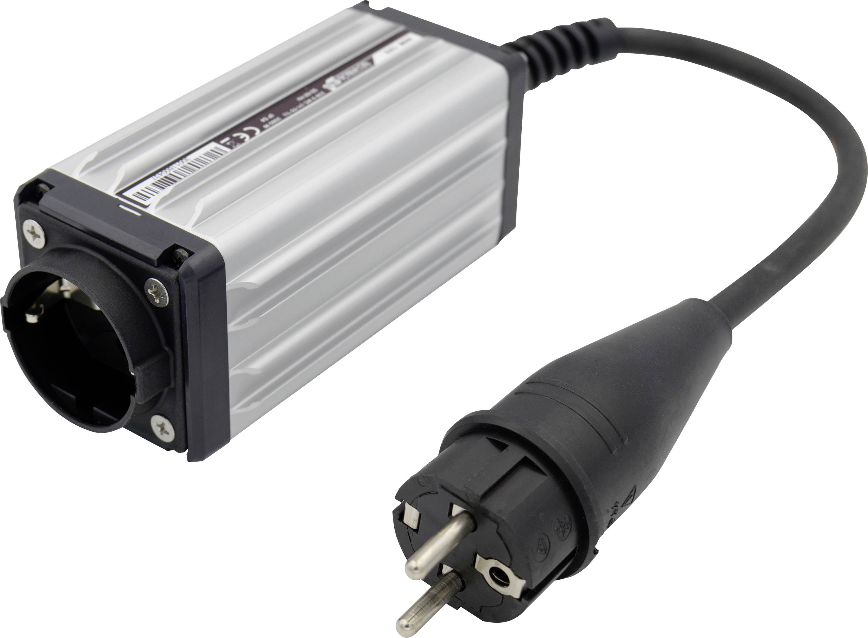 Egy fémből készült adapter, amelynek kábele egy Schuko-csatlakozóban végződik. Az adapter téglalap alakú házat tartalmaz fekete végzárókkal.