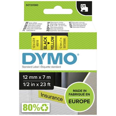DYMO Címketekercs, 12 mm x 7 m, fekete betűk sárga háttéren, biztosítási dokumentumokhoz alkalmas, Európában gyártva.