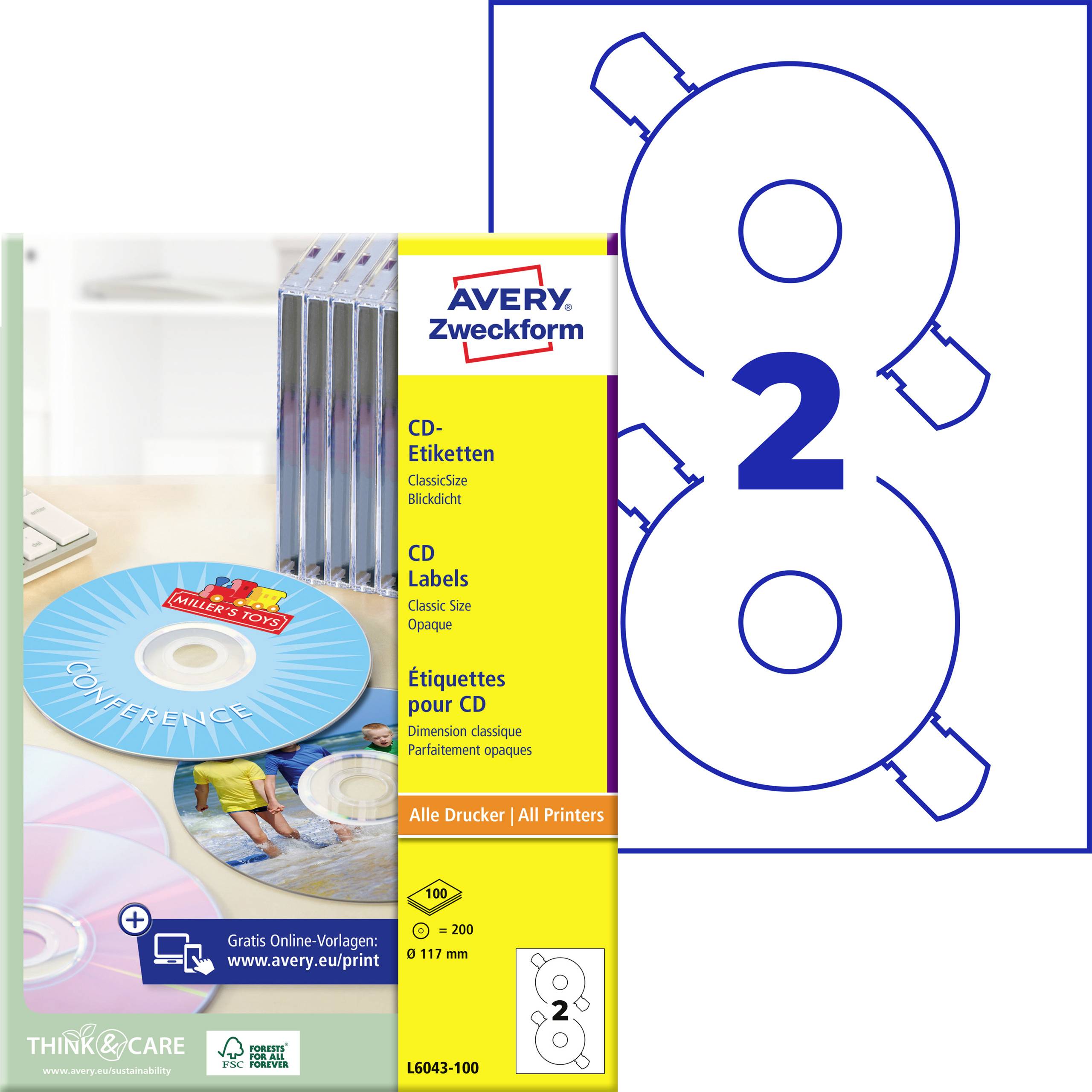 'Avery Zweckform CD-címkék, minden nyomtatóval kompatibilis, 117 mm átmérő, klasszikus méret, nem átlátszó.'