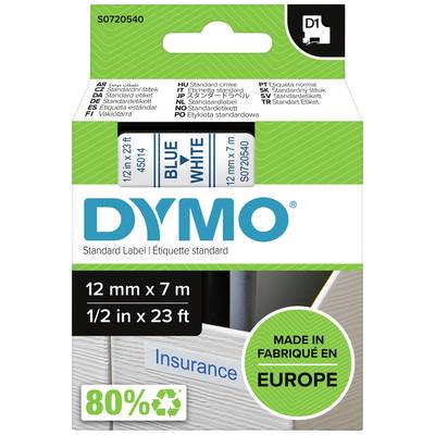 Dymo feliratozó szalag, kék és fehér, 12 mm x 7 m, címkézőgépekhez. A csomagolás a fenntarthatóságot hangsúlyozza 80%-os újrahasznosított anyagtartalommal.