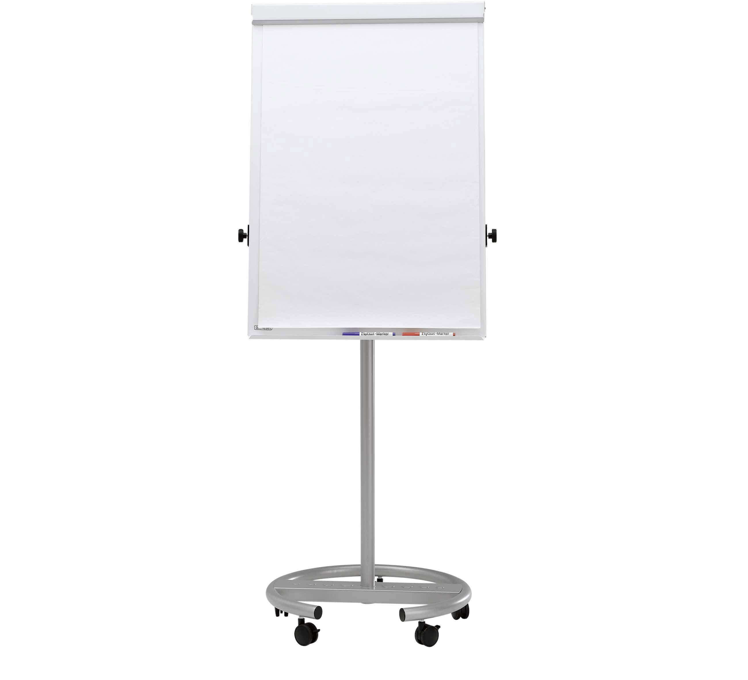 Üres állványos flipchart kerekes talpon, fehér prezentációs tömbbel és állítható magassággal.
