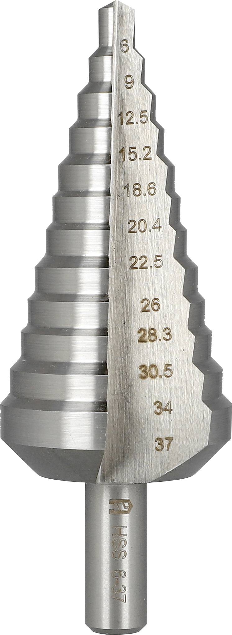 Lépcsős fúró, méretezés szerint 6-37 mm-ig, lemezfém fúrására használt, többféle lyukátmérő fúrásához.