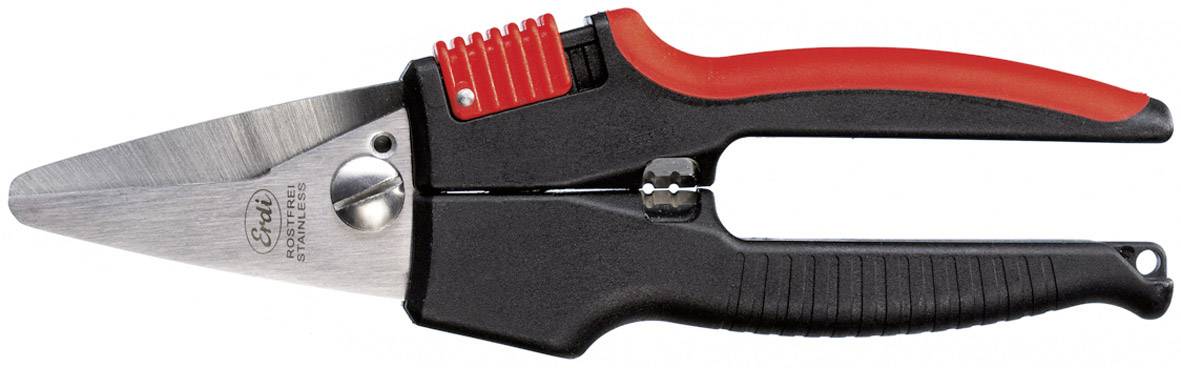 Egy fekete és piros kerti olló acél pengével és ergonomikus markolattal, amely alkalmas kerti vagy barkácsmunkákhoz.
