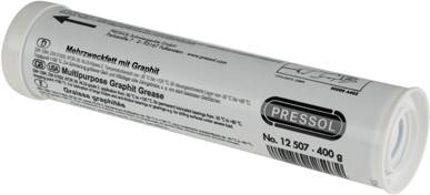 Kartus 'PRESSOL' többcélú zsír grafit adalékkal, 400 g. A használati útmutató és a gyártói információk a csomagoláson találhatók.
