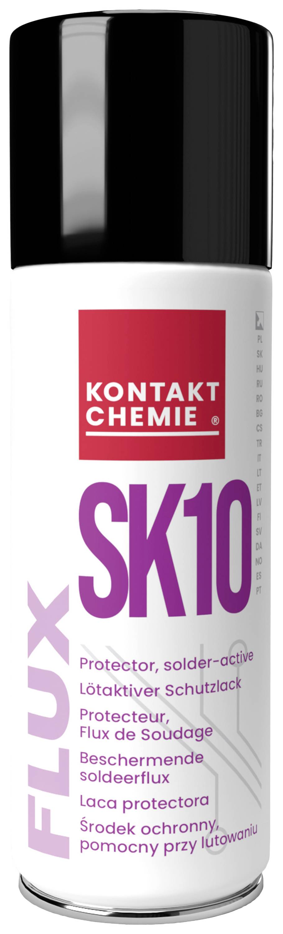 Spray egy 'KONTAKT CHEMIE FLUX SK10' felirattal. Szöveg több nyelven: 'Védő, forrasztásaktív'.