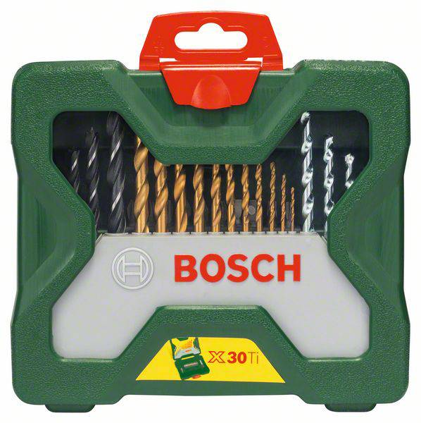Egy Bosch fúrókészlet képei, amely 30 titánbevonatú fúrót tartalmaz különböző méretekben, zöld tokozásban.