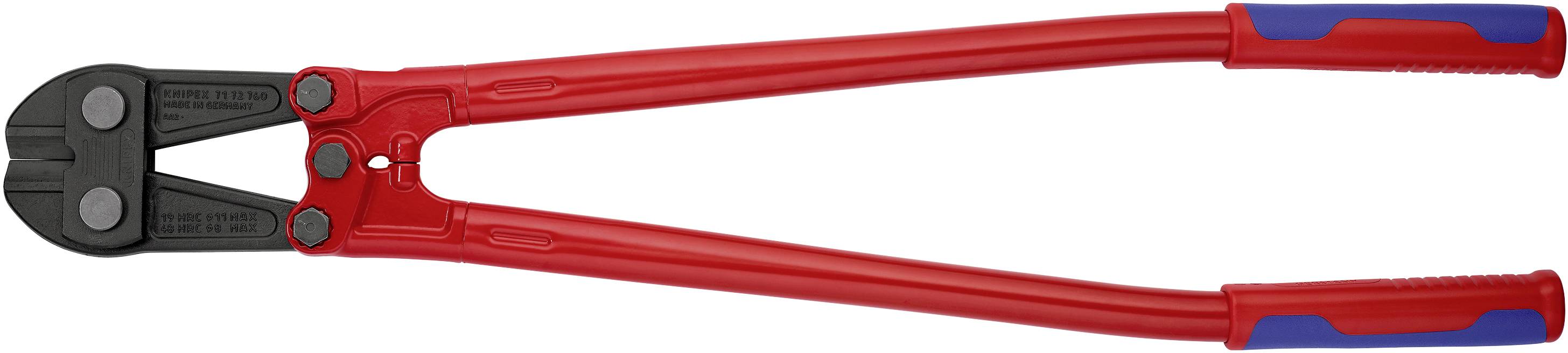 Piros csapszegvágó fekete pofákkal és kék markolattal fehér háttér előtt.