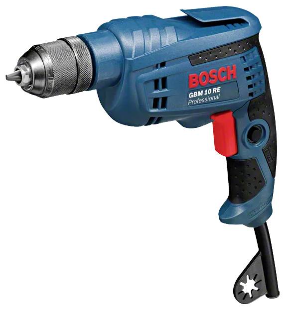 Egy kék és fekete elektromos fúrógép a 'Bosch' márka és a 'GBM 10 RE Professional' modell felirattal, precíziós fúrási feladatokhoz tervezve.