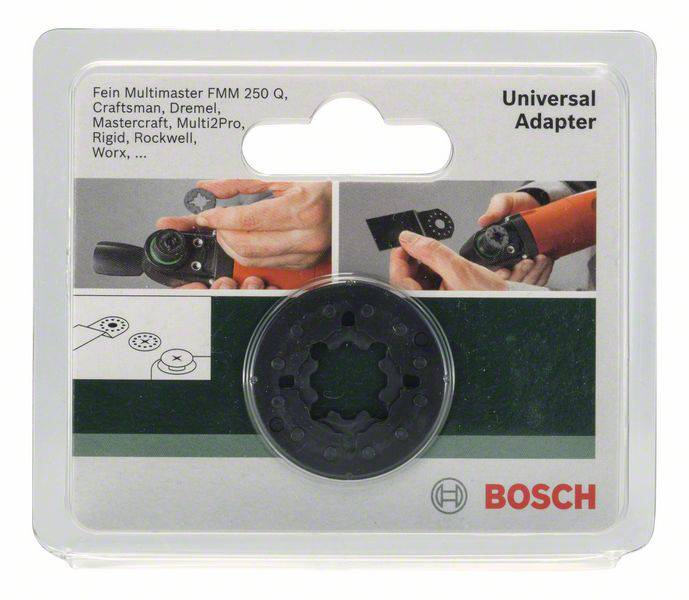 A 'Bosch univerzális adapter' eredeti csomagolásban, bemutatja az adapter elektromos készüléken történő használatát. Különböző márkák számára alkalmas.