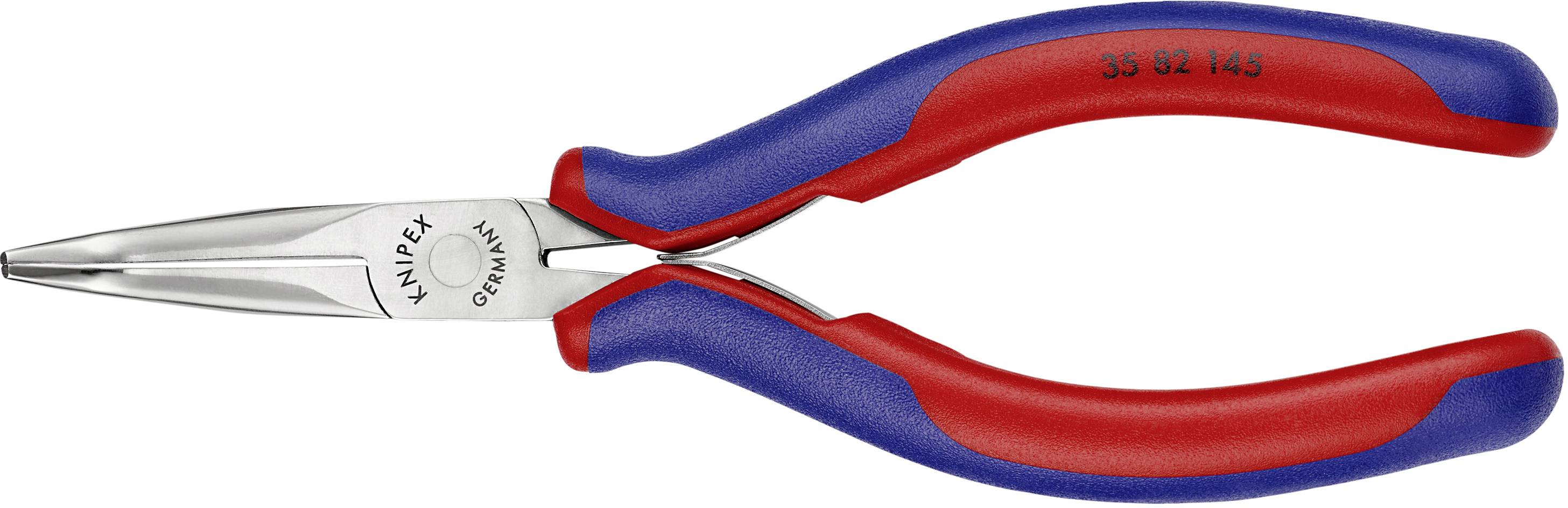 Hosszú, hegyes fogó piros és kék csúszásmentes markolattal, alkalmas precíziós munkákhoz az elektronika és a mechanika területén.