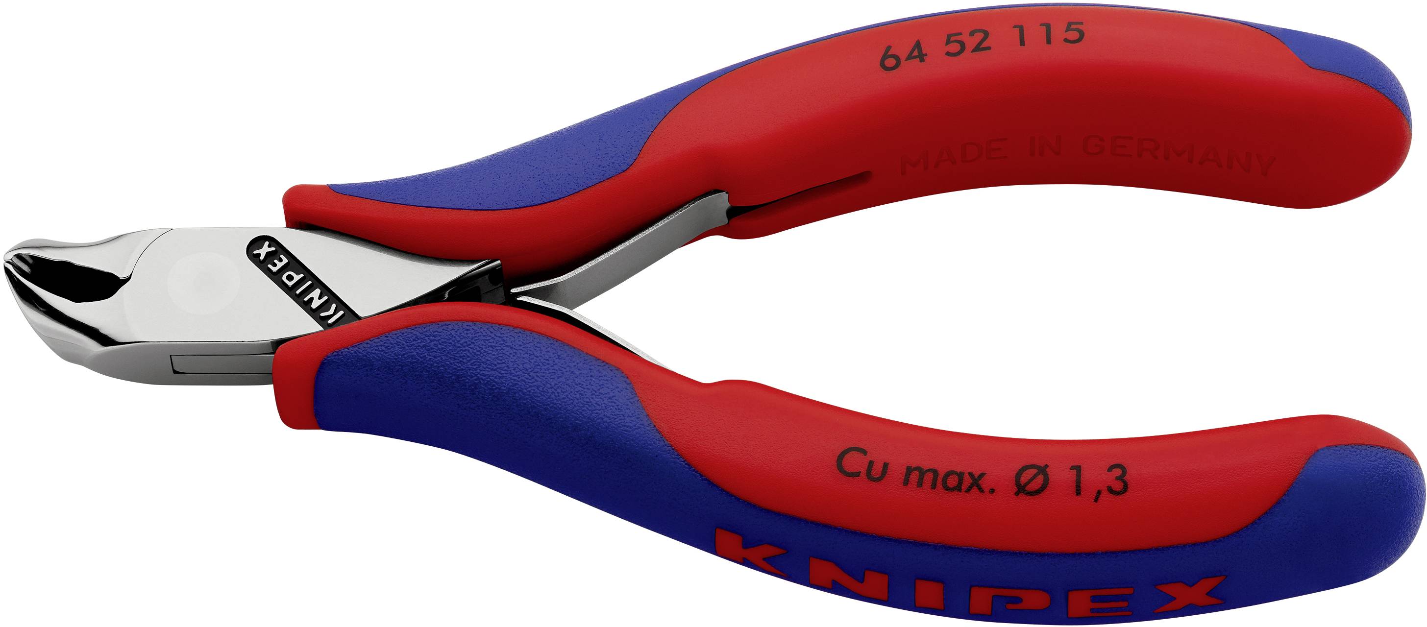 Knipex oldalt vágó fogó kék-piros nyéllel, alkalmas 1,3 mm átmérőjű rézhuzal vágására.