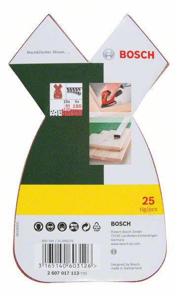 Bosch csiszolólap-készlet, kompatibilis Black & Decker gépekkel, 100 darabos csere, tartalmaz P80 és P180 szemcseméretű lapokat. A csomagolás alkalmazási képet mutat.