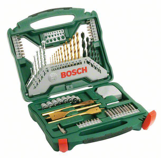 Egy zöld bőrönd Bosch-logóval, különböző fúrókkal és tartozékokkal feltöltve. Tökéletes barkácsmunkákhoz.