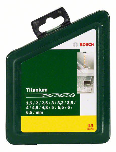 Bosch fúrókészlet, mérettartomány: 1,5-6,5 mm; 13 darab titán fúrófej, zöld csomagoláson bemutatva.