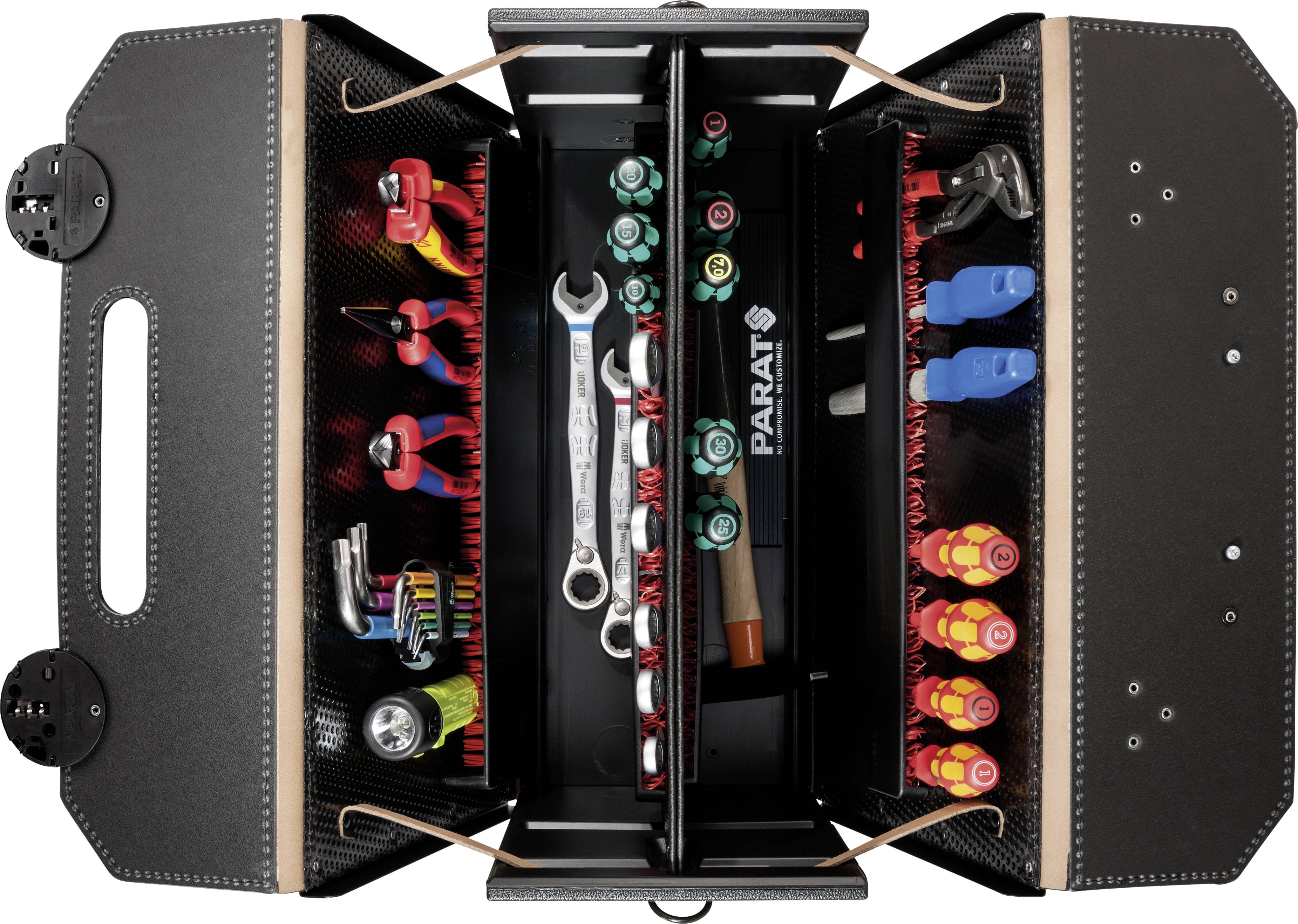 Kinyitott szerszámosláda különböző szerszámokkal, mint villáskulcsok, fogók és csavarhúzók, rendezetten elhelyezve a rekeszekben.