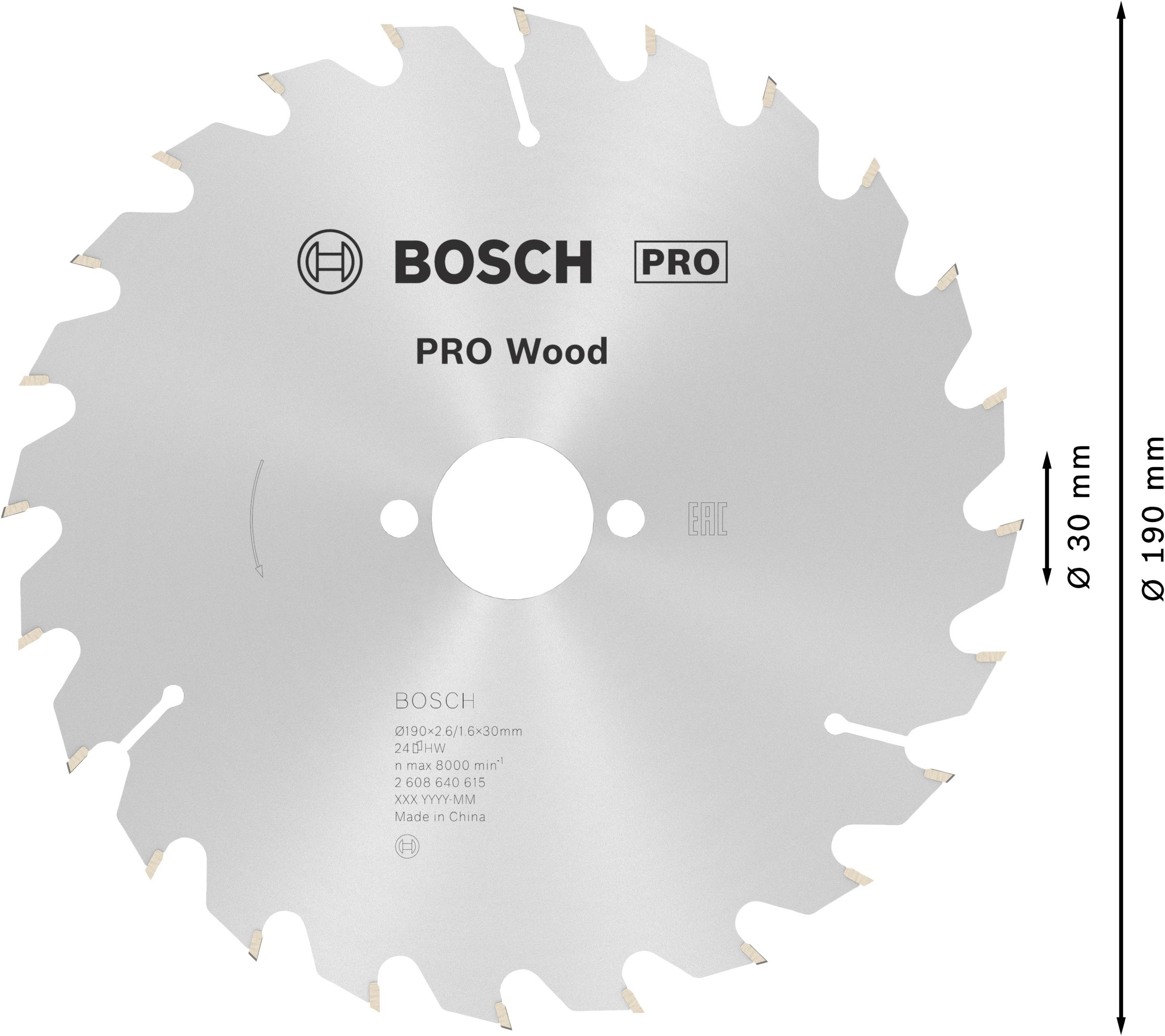 Körfűrészlap 'Bosch PRO Wood' felirattal, 190 mm átmérő, 30 fog, 2,6 mm vágásszélesség és 30 mm furat.
