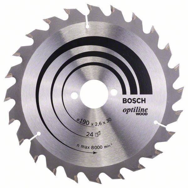 Fémből készült körfűrészlap 'Bosch Optiline Wood' felirattal, fához alkalmas, 190 mm átmérő, max. 8000 ford/perc.