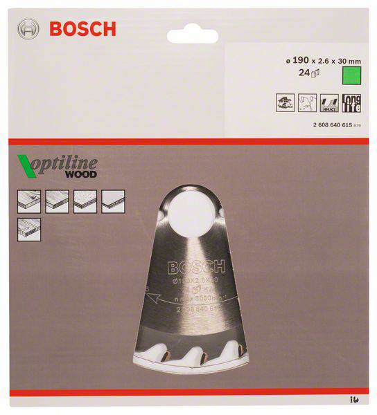 A Bosch Optiline Wood fűrészlap csomagolása. Képi ábrázolást mutat a fűrészlapról és annak specifikációiról.