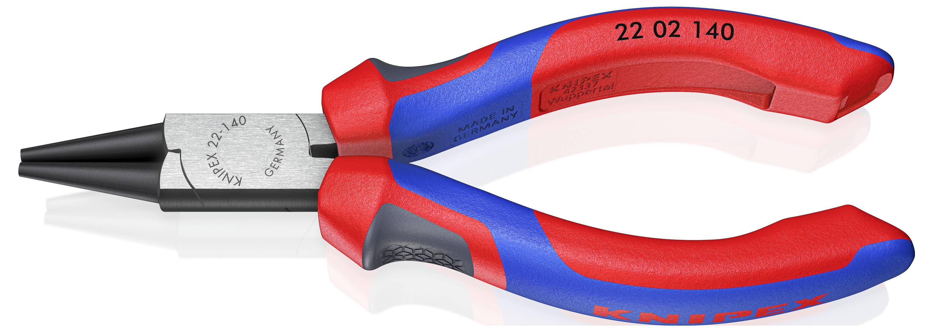Fogó kék és piros fogóbevonattal, '22 02 140' Knipex felirattal, kábelek és huzalok munkálataihoz alkalmas.