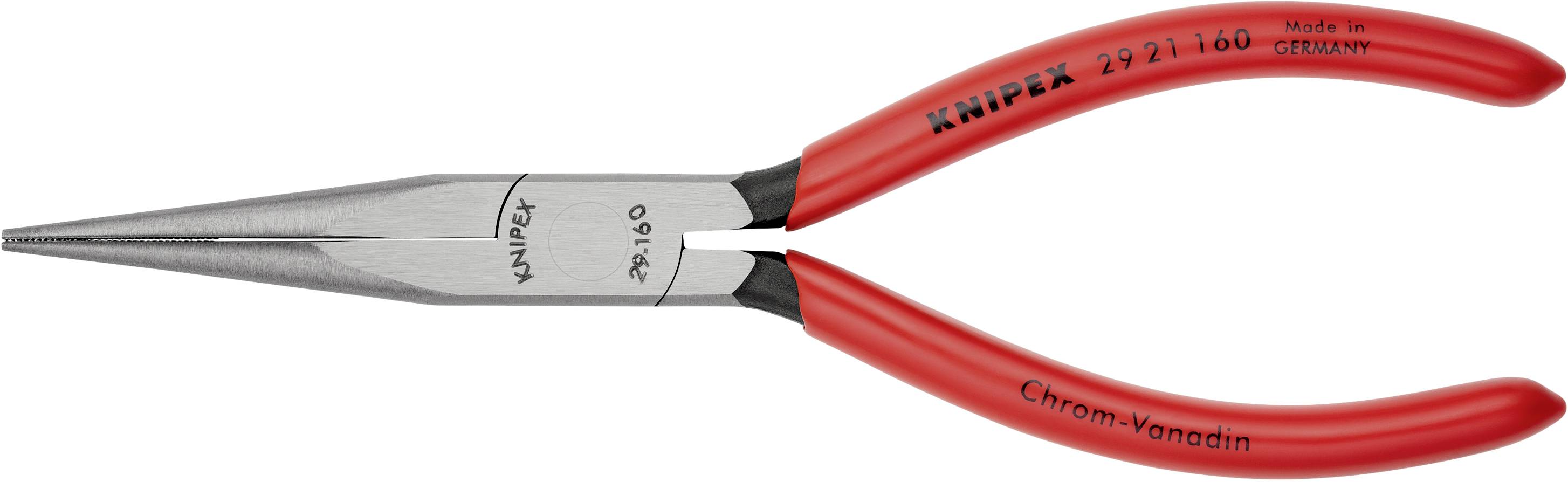 Piros Knipex fogóhegy hosszú, egyenes fogófelülettel, alkalmas precíziós munkákhoz vagy nehezen hozzáférhető területeken történő használatra.
