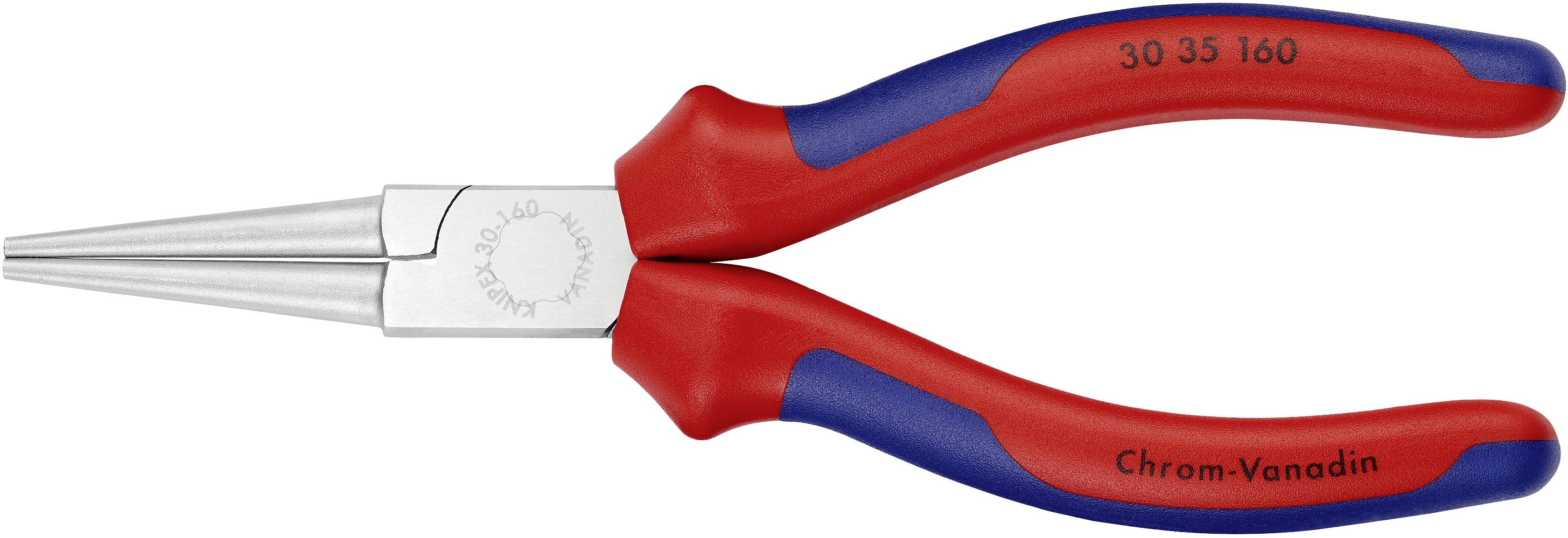 Egy vörös és kék kerek fogó króm-vanádium acélból, amelyen a 'Króm-Vanádium 30 35 160' felirat szerepel, alkalmas pontos hajlításhoz.