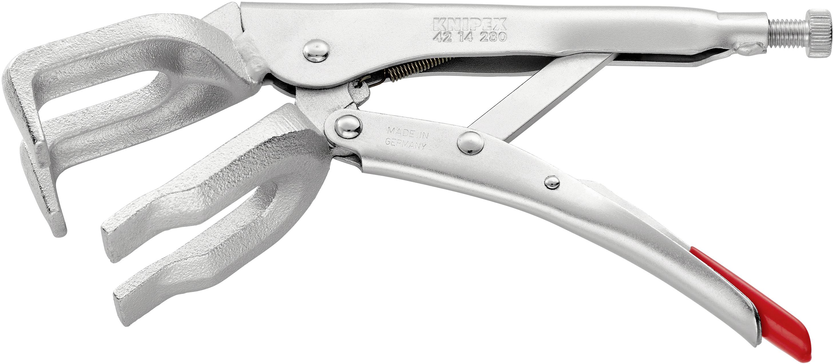 Egy ezüstszínű fogó három V alakú fogófelülettel, amely precíz tartásra alkalmas. A markolatán piros akcentus látható.