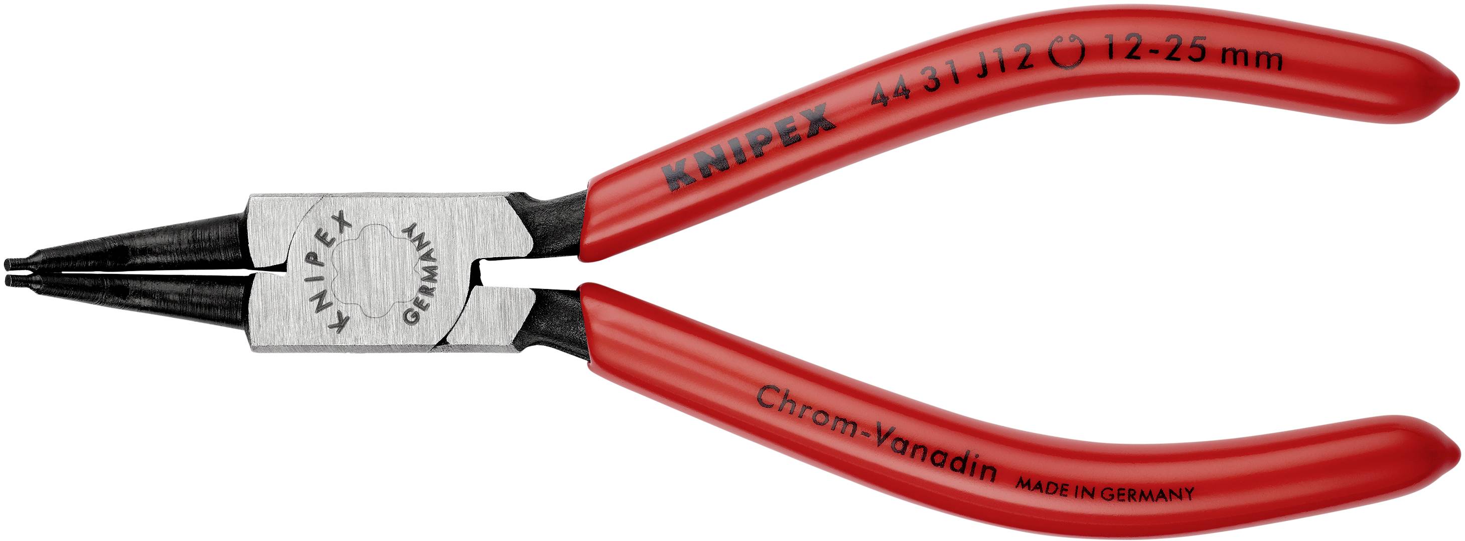 Egy piros Knipex biztosítógyűrű fogó, 44 31 J12 modell, 12-25 mm átmérőjű gyűrűkhöz. Németországban gyártott, króm-vanádium anyagból készült.