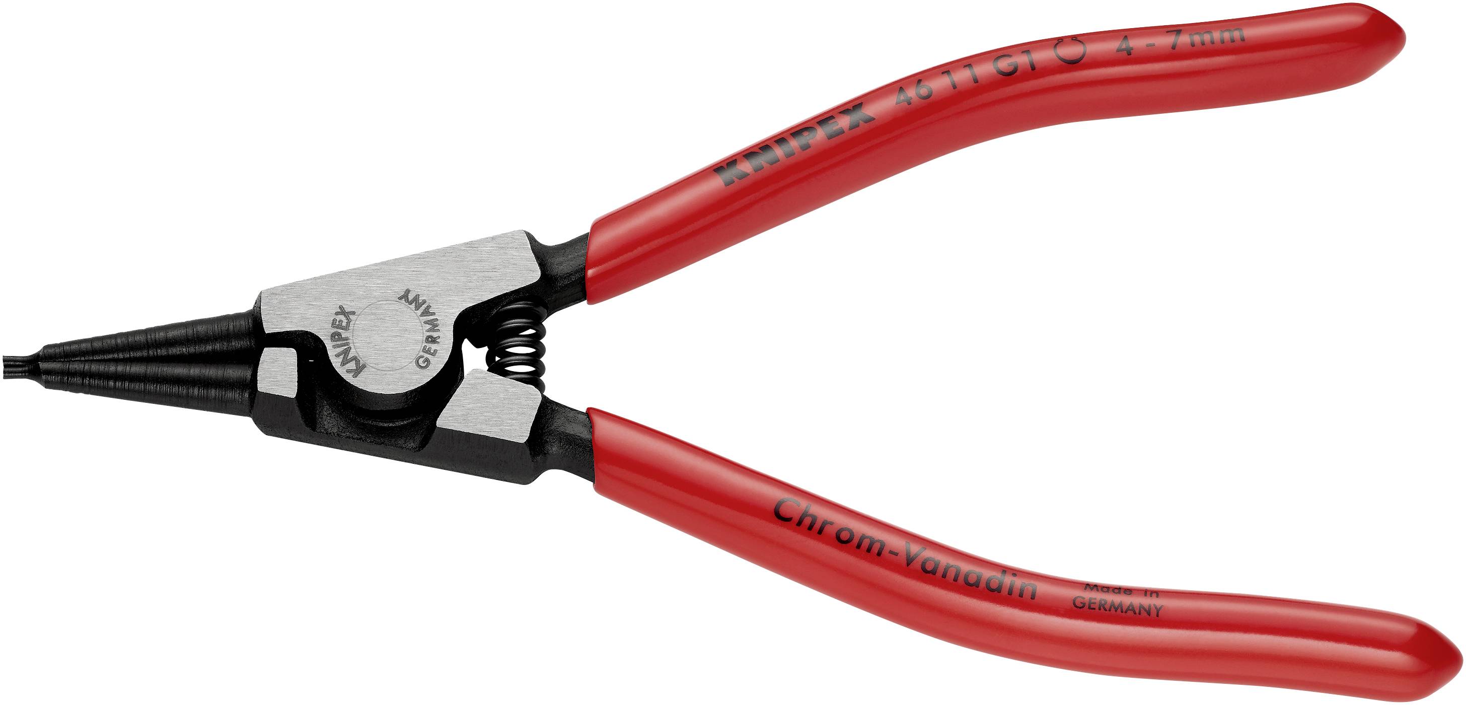 Egy piros biztosítógyűrű fogó, alkalmas 4-7 mm-es belső biztosítógyűrűkhöz, a Knipex gyártásában.