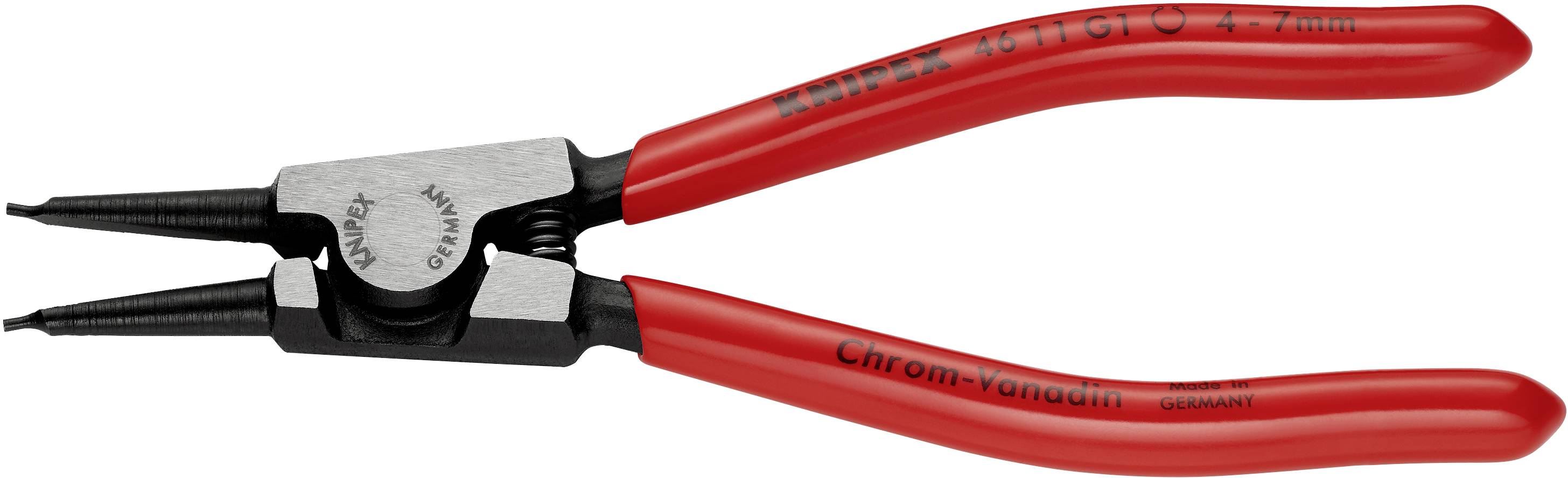 Piros feszítőgyűrű fogó egyenes hegyekkel és ergonomikus markolattal. Alkalmas 3-10 mm átmérőjű feszítőgyűrűk szereléséhez.