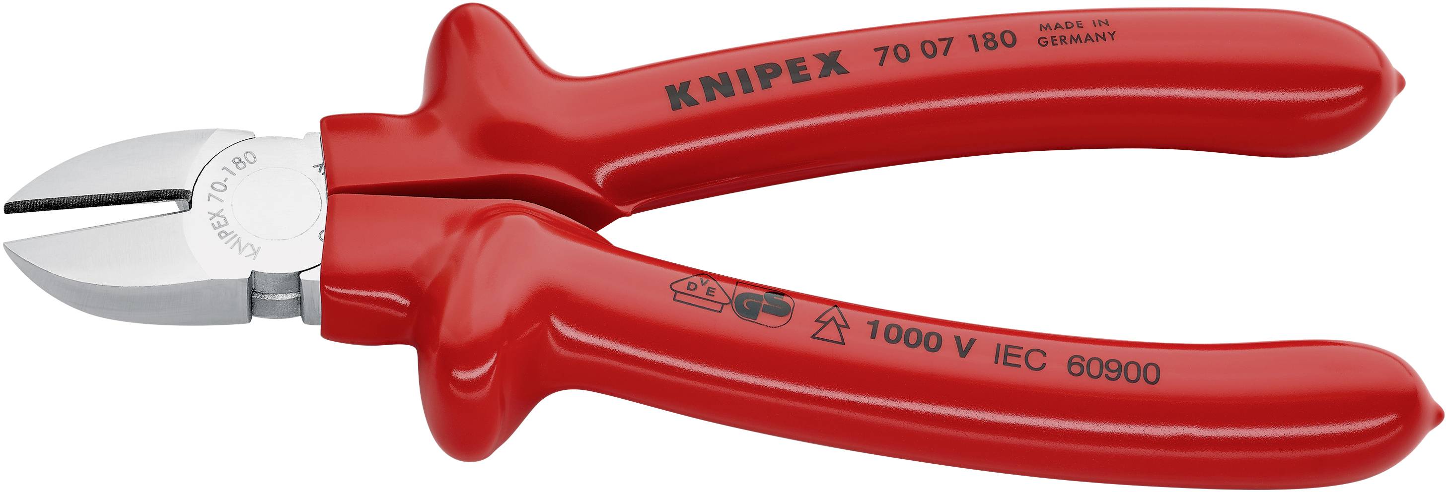 Piros Knipex oldalcsípő fogó, 70 07 180-as modell, Németországban gyártva, 1000V-ig alkalmazható az IEC 60900 szabvány szerint.