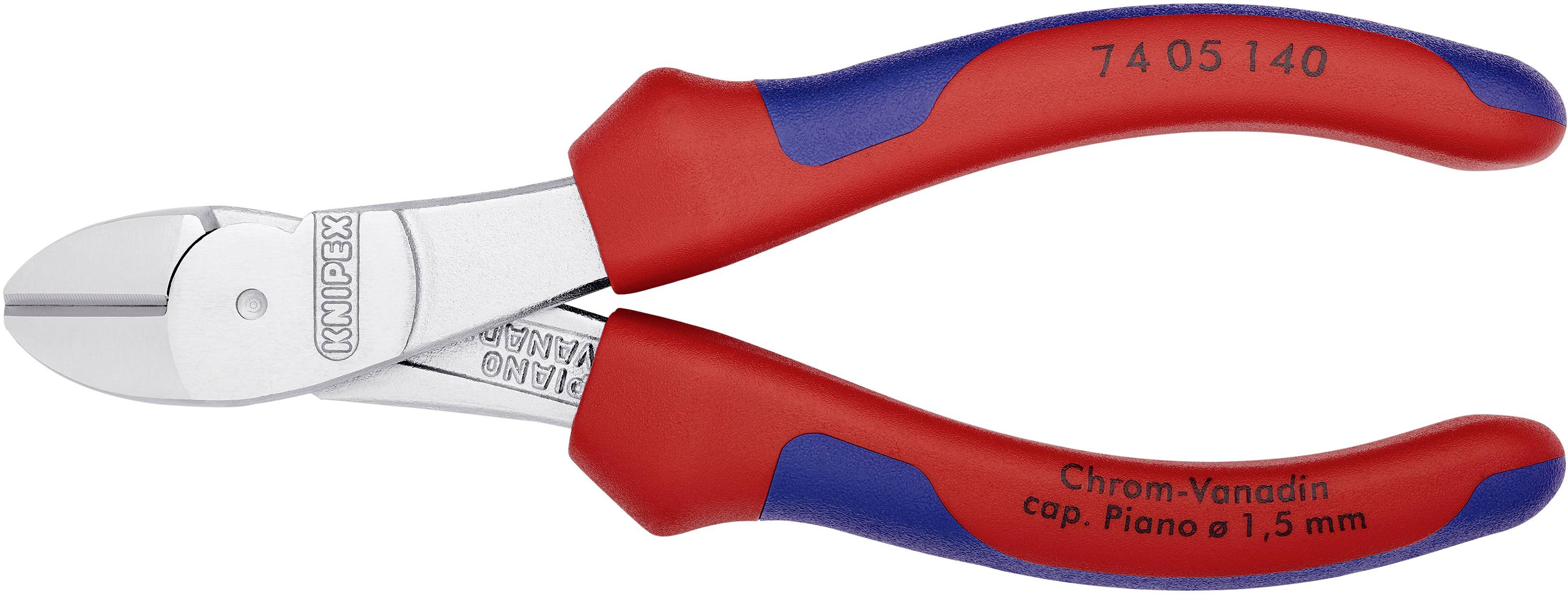 Oldalcsípő fogó piros és kék markolattal, amelyen a 'Knipex' felirat és modell információk láthatók a fémen.