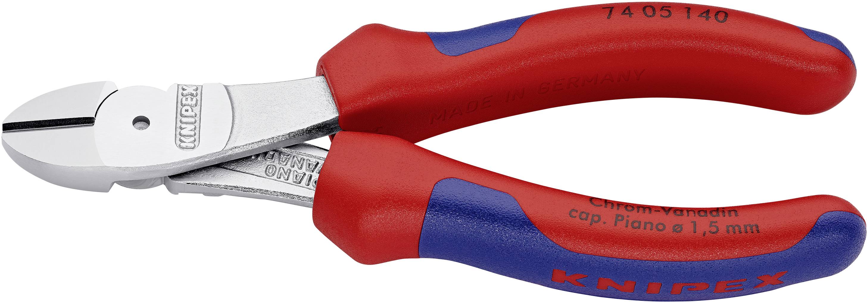 Oldalcsípő fogó piros és kék markolattal, alkalmas akár 1,5 mm vastagságú huzalok vágására, a Knipex márkától.