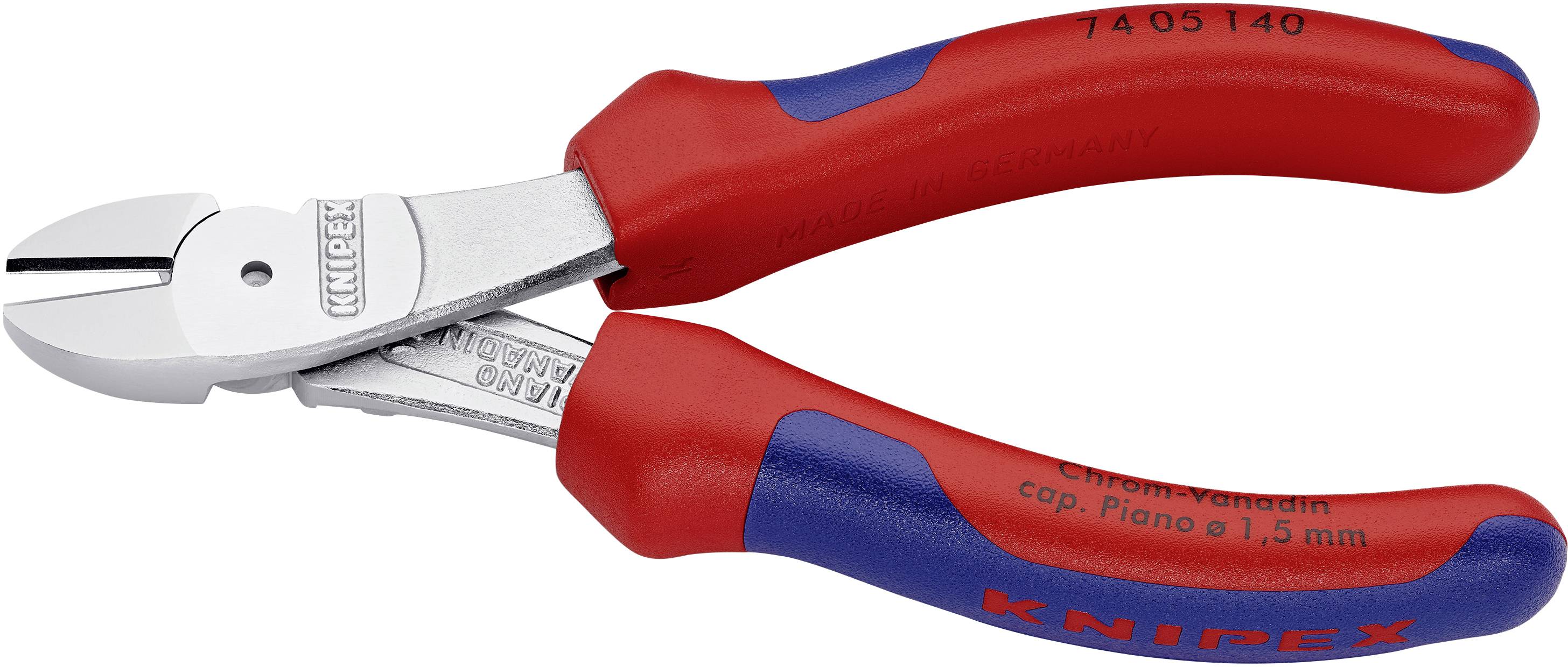 Piros és kék nyeles oldalcsípő fogó, ezüstös vágóélekkel; 'Knipex' márka, '74 05 140' modellszám a fogantyún.