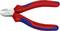 Piros és kék csípőfogók fémpengékkel, "Knipex" felirattal. Alkalmasak 0,6 mm-ig terjedő huzalok vágására.