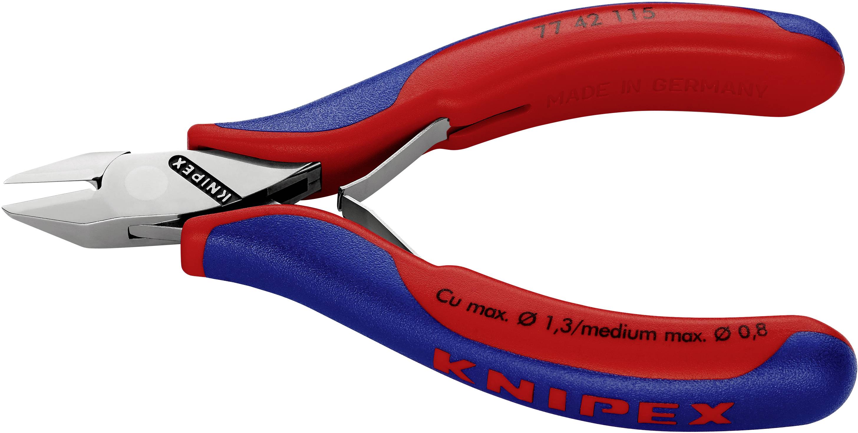 A KNIPEX márka piros és kék oldalcsípő fogó, alkalmas 0,8 mm maximális átmérőjű rézhuzal vágására.