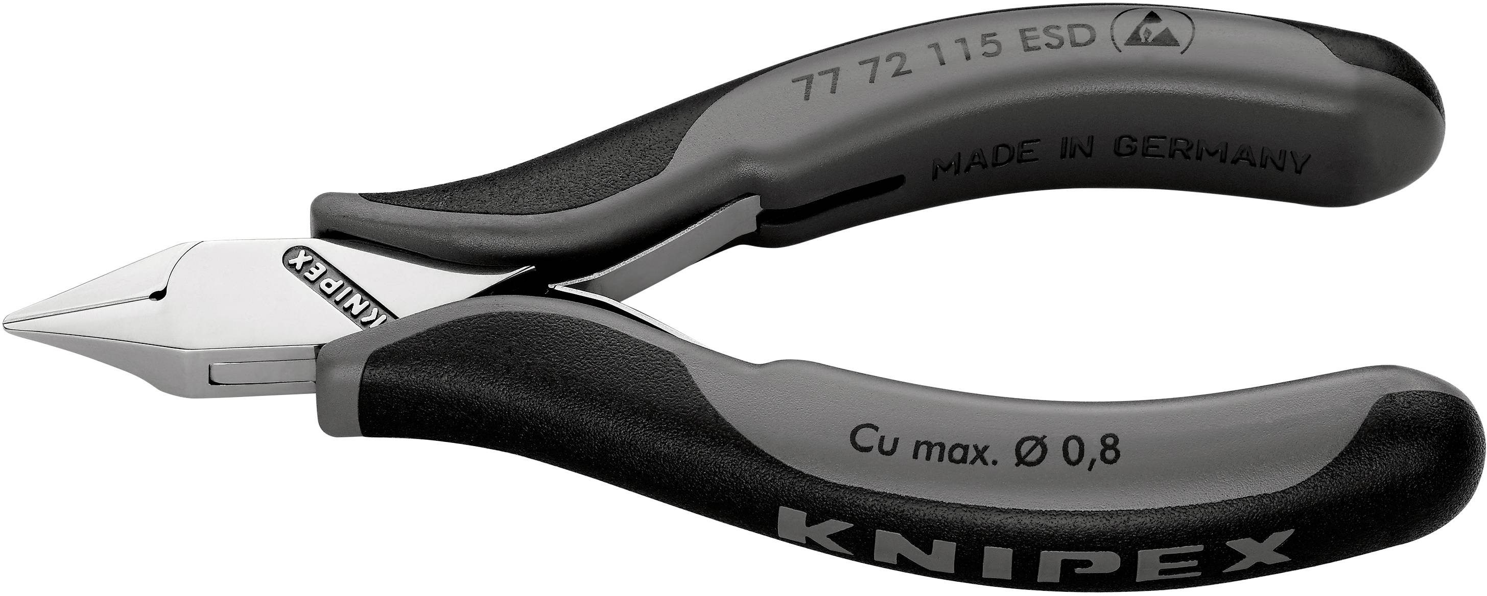 KNIPEX elektromos fogó, fekete-szürke színben, "Made in Germany" felirattal. Alkalmas 0,8 mm átmérőjű rézvezetékek vágására.