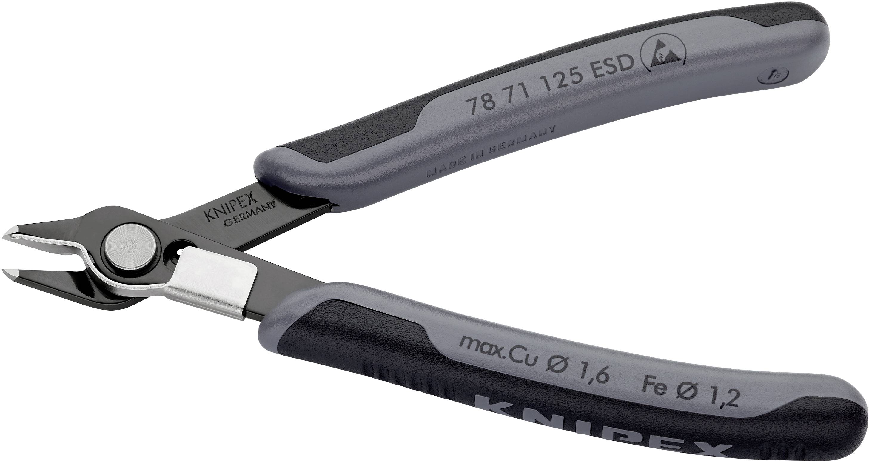 Fogó szürke és fekete markolattal, Knipex jelöléssel, alkalmas 1,6 mm-es rézvezetékekhez és 1,2 mm-es vasvezetékekhez.